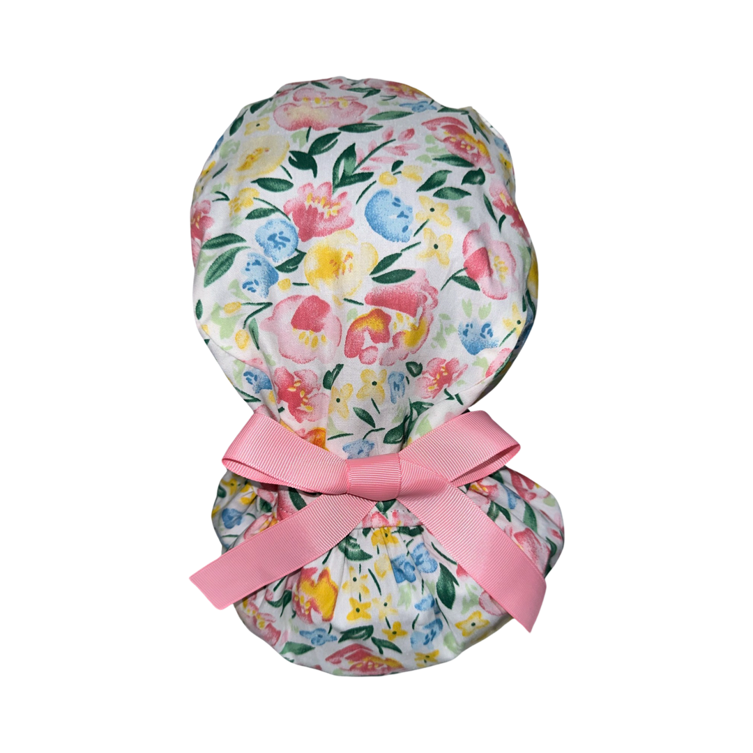 Satin Lined Ponytail Scrub Cap- Floral Garden