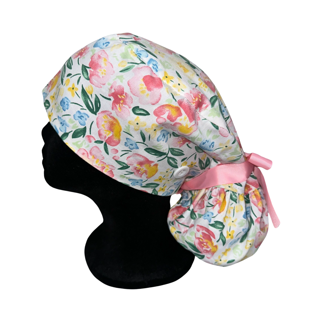Satin Lined Ponytail Scrub Cap- Floral Garden
