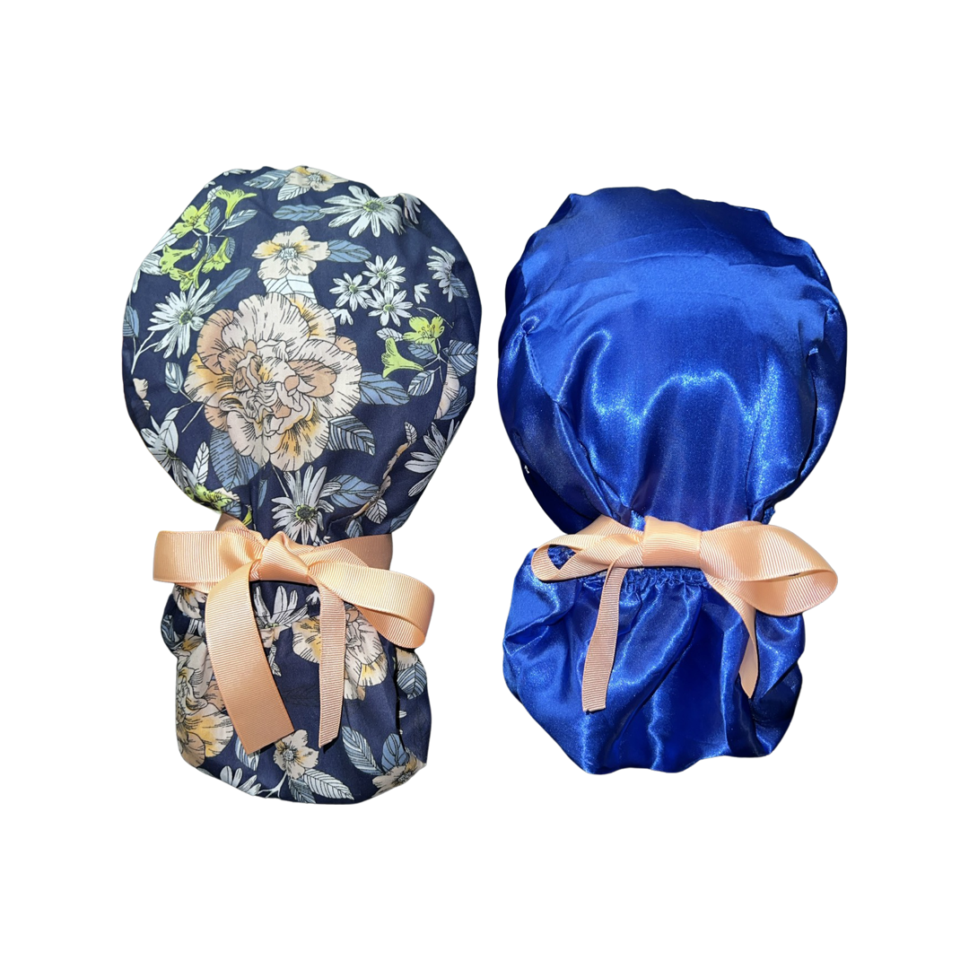 Satin Lined Ponytail Scrub Cap- Blue Floral
