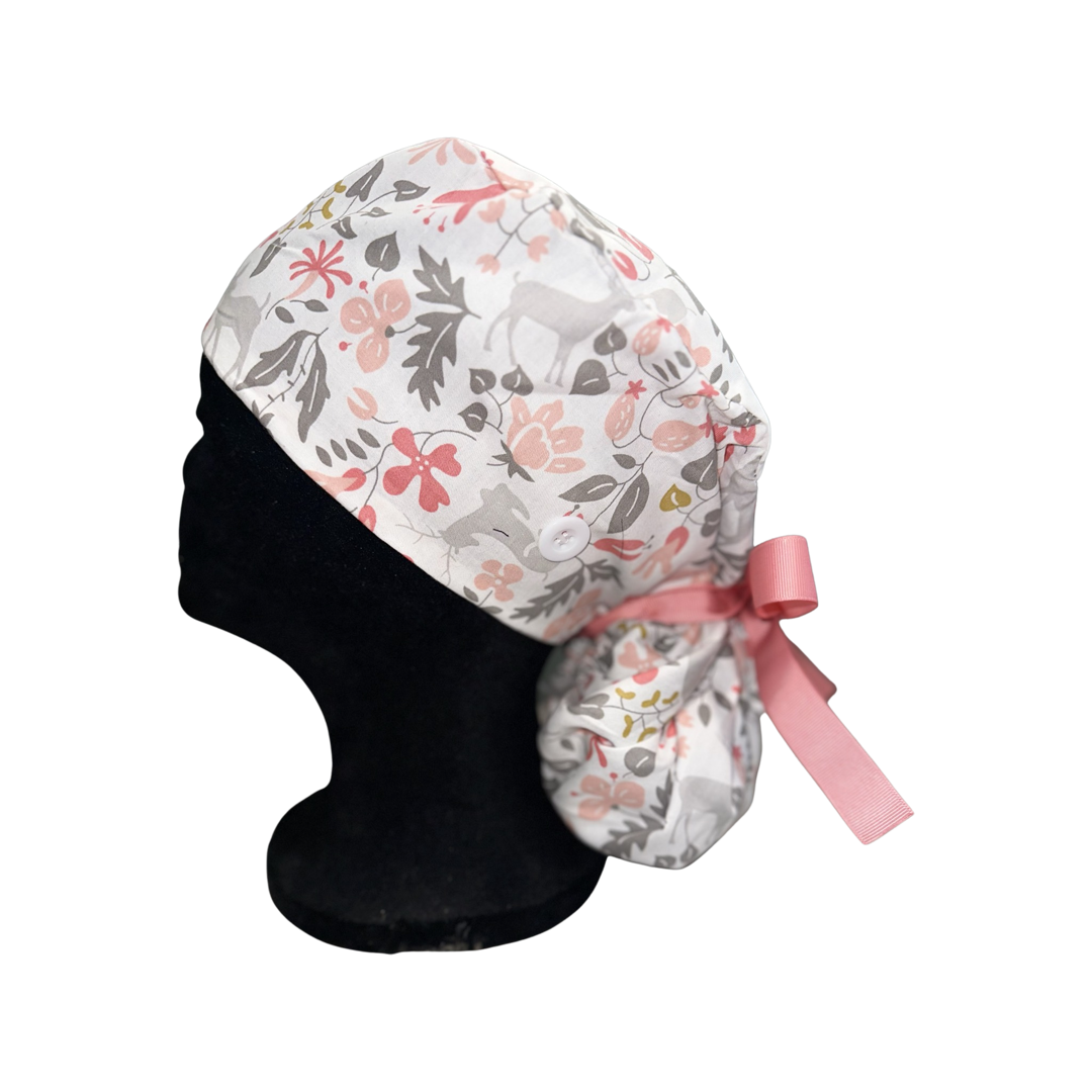 Satin Lined Ponytail Scrub Cap- Reindeer