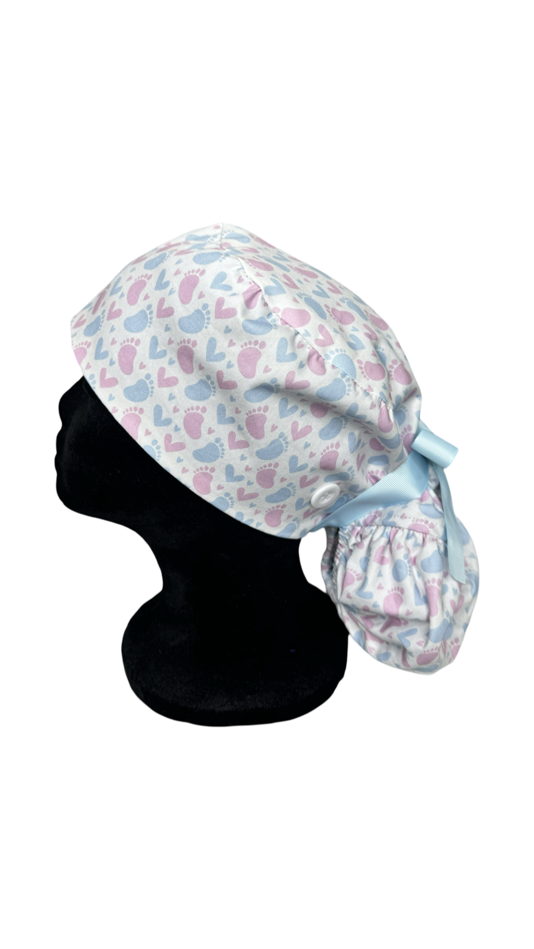 Satin Lined Ponytail Scrub Cap-Footprints of Love