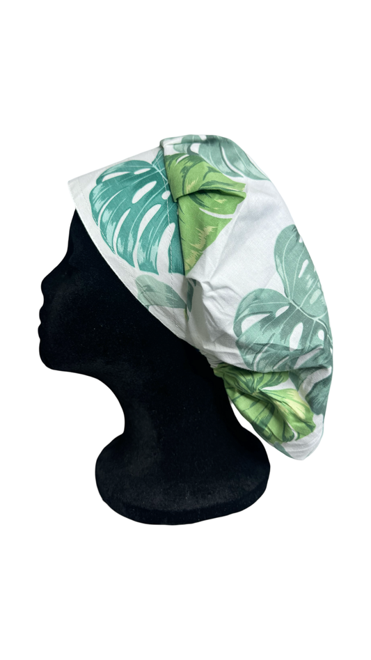 Satin Lined Bouffant Scrub Cap-  Paradise Leaves